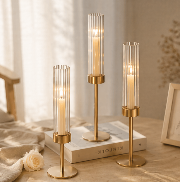 Stabkerzenhalter gold Glas geriffelt